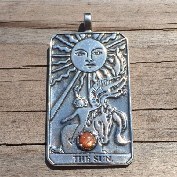 Sun Tarot Card Pendant .925 Sterling Silver w/ genuine Sunstone gem Made in USA - Picture 7 of 16
